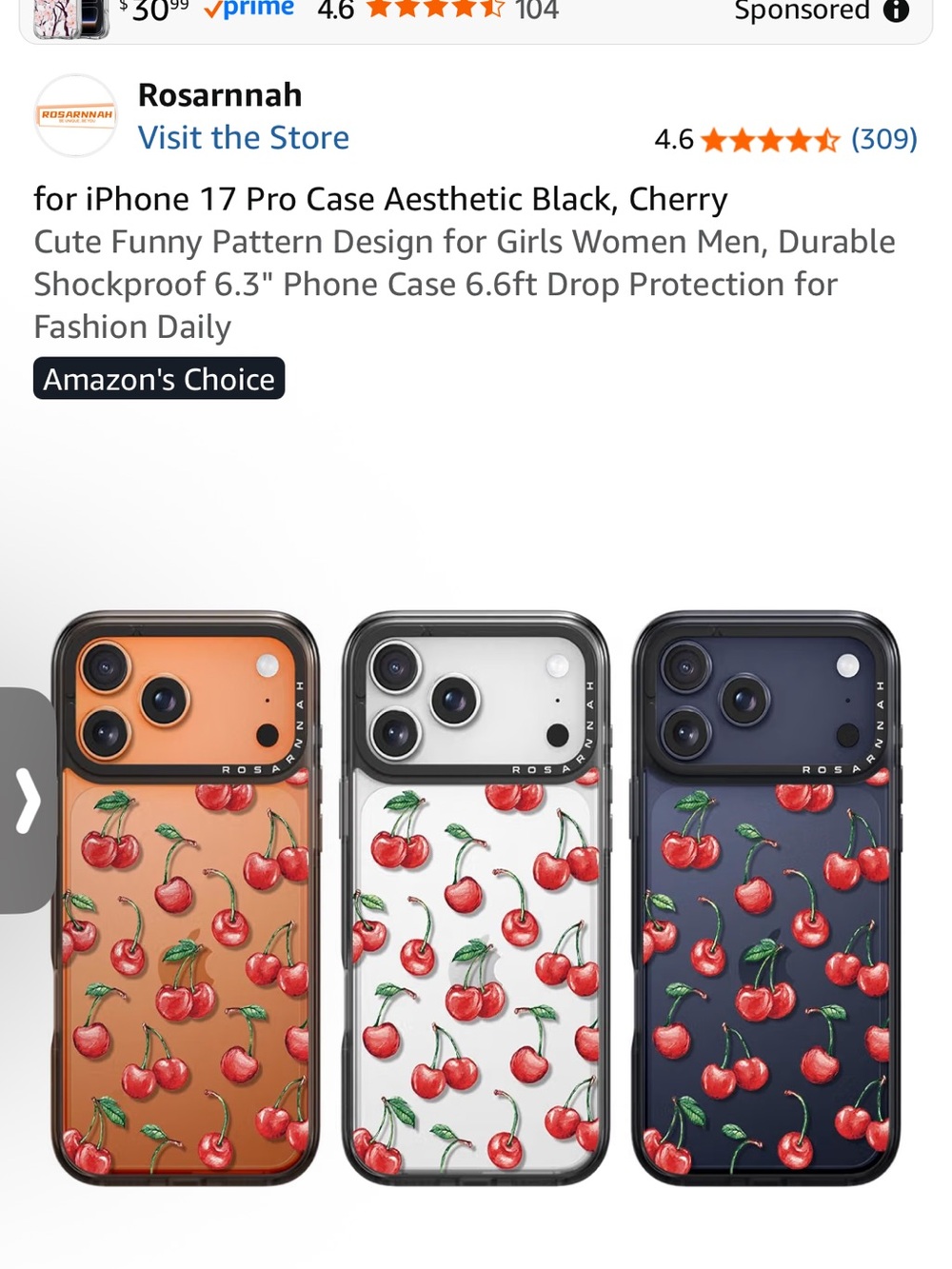 Rosarnnah iPhone 17 Pro Case Cherry Pattern